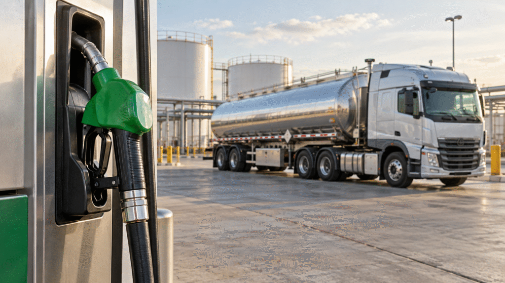 Bomba de combustível com bico verde em primeiro plano e caminhão-tanque estacionado em uma base de distribuição ao fundo.